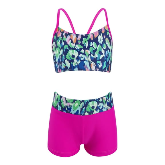 CHICTRY Girls Two Piece Swimwear Tankini Set Crop Tops with Shorts Swimsuit Leopard Rose 8