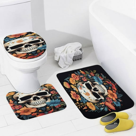 Colorful Flower Skull Bathroom Mats Set of 3 Pieces，Non Slip Non Slip Mats, Washable Mats, Decorative Carpets for Bathrooms, Kitchens, And Bedrooms.