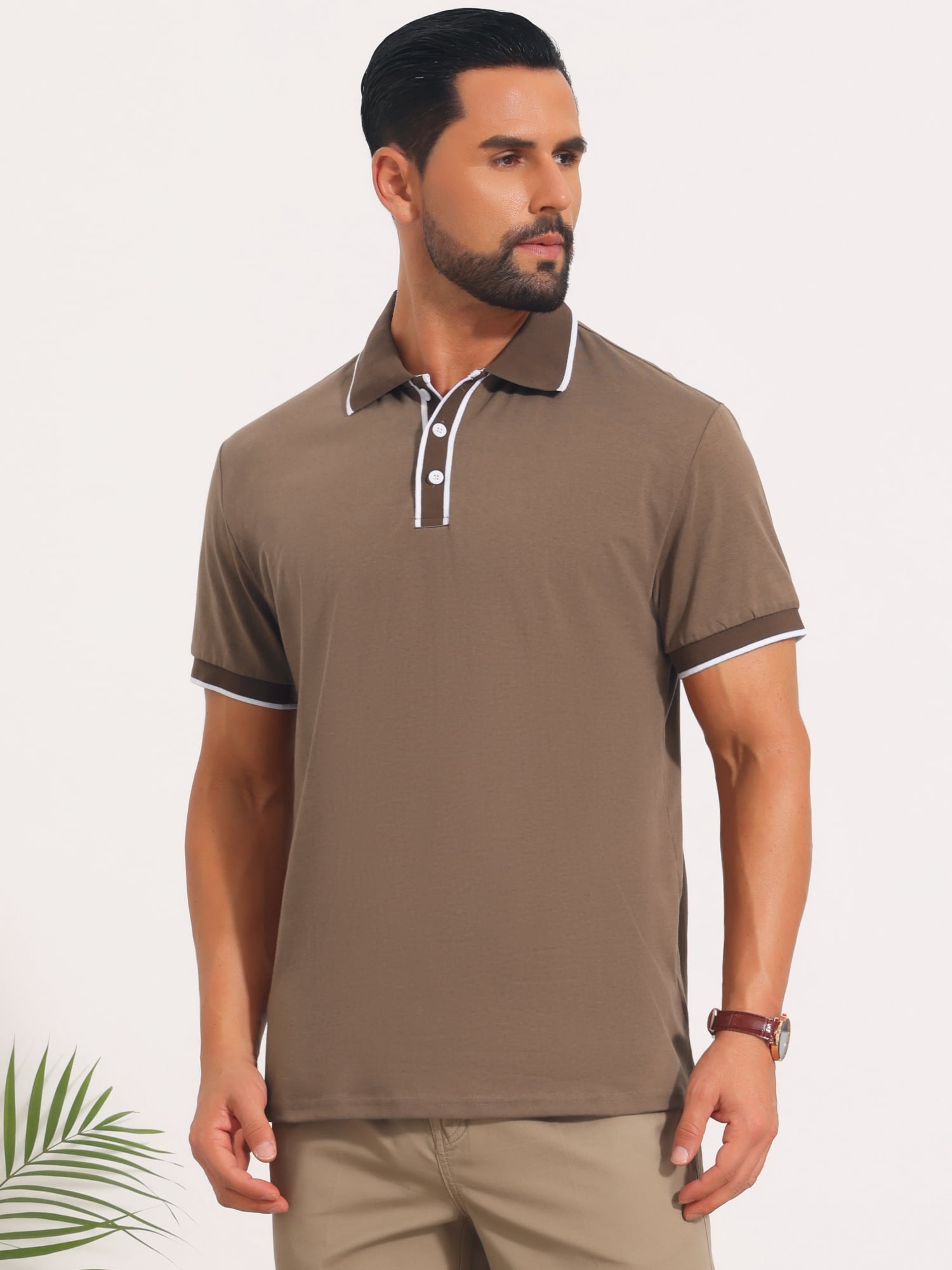DARING DIVA Men's Contrast Trim Short Sleeve Button Closure Polo Shirts 2XL Khaki