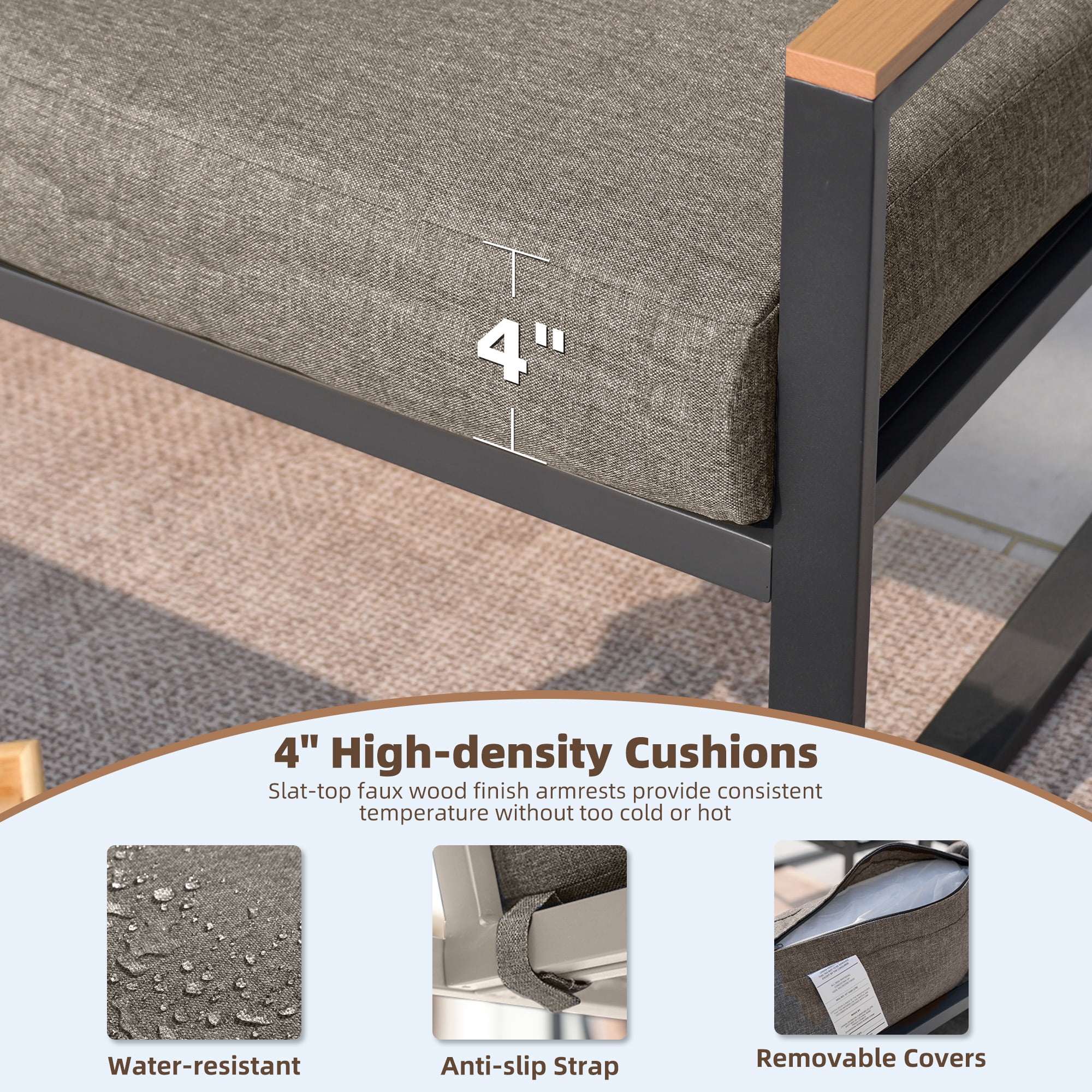 COMLAX FIELD 4-Piece Patio Furniture Set, Metal Outdoor Conversation Set with Coffee Table & Removable Cushions