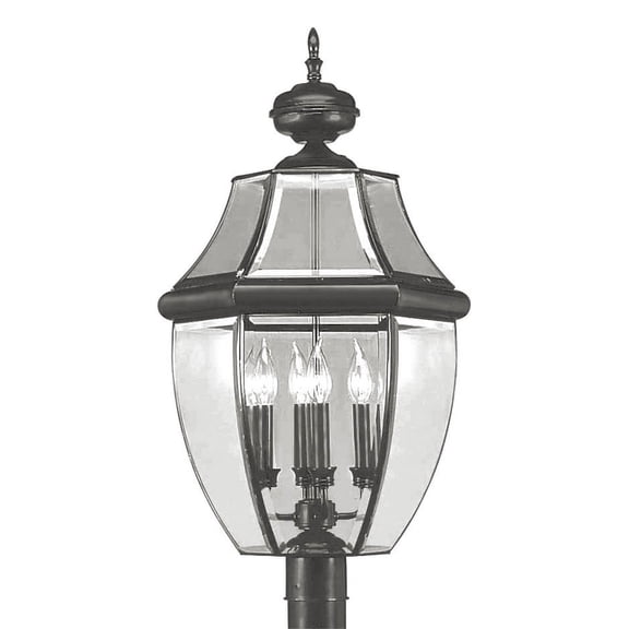 4 Light Black Outdoor Post Lantern Pendant Lighting Fixture with Clear Beveled Glass Shade backed with Hand Crafted Solid Brass material for patio, front porch, entryway and more