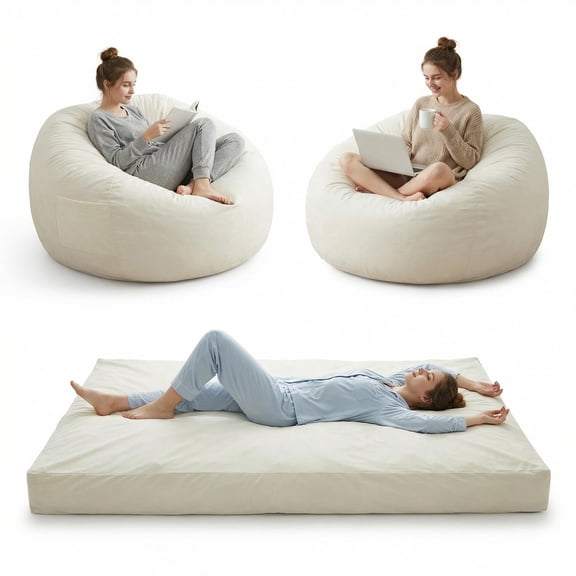 4-in-1 Oversized Memory Foam Bean Bag Sofa Bed, 4 ft Large Convertible Lounger, Soft Removable Washable Velvet Cover, Multi-Functional Couch for Adults & Teens, for Living Room