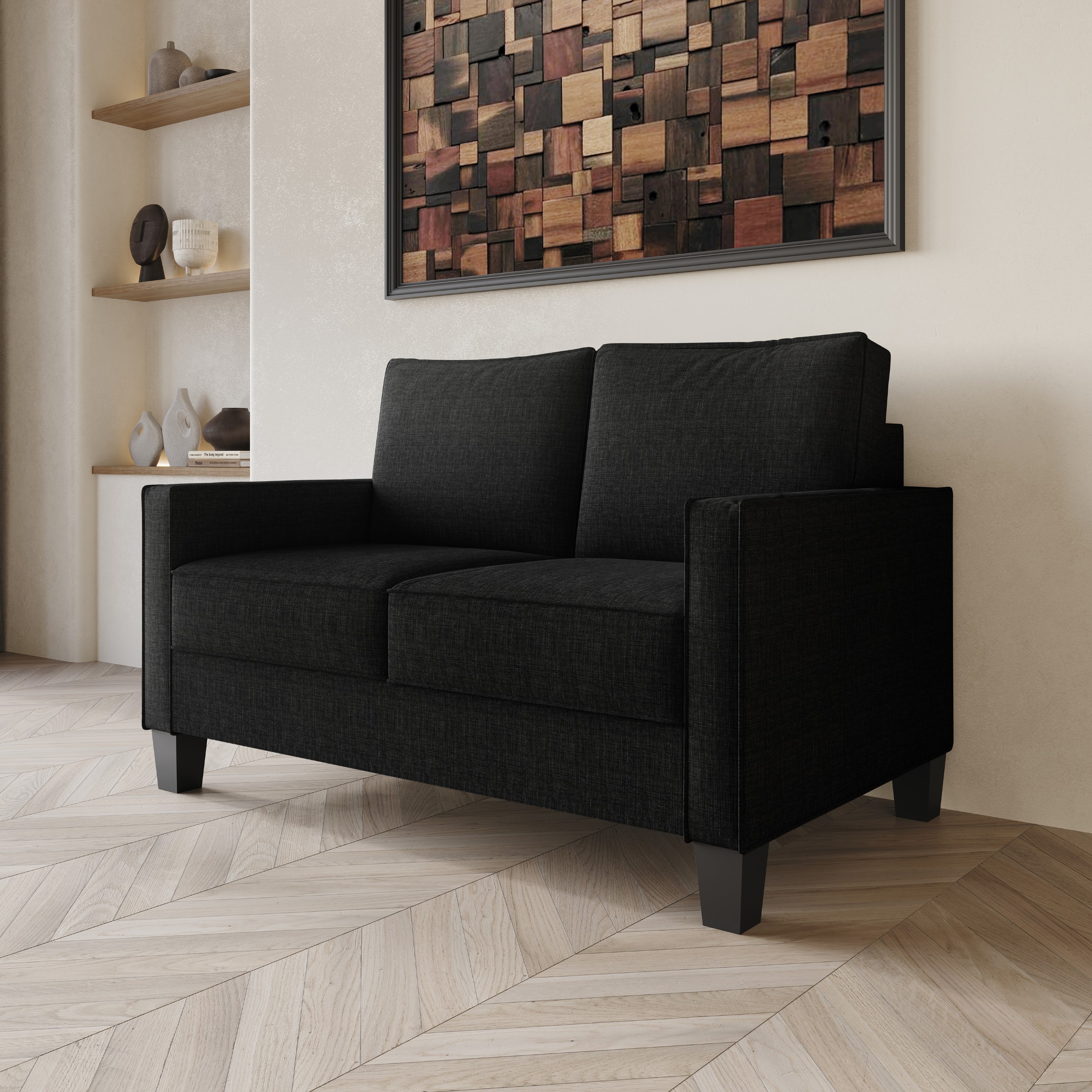 Home Design Marcia 3-Piece Square Arm Living Room Set with Armchair, Loveseat, and Sofa, Modern Upholstery and Black Legs, Black