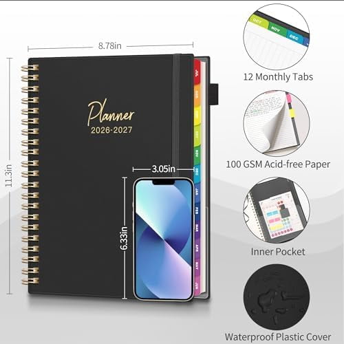 Quivanta 2026-2027 Appointment Book, A4 15-Minute Hourly Planner, July 2026 - June 2027, Academic Planner Weekly and Monthly, 100GSM Thick Paper, Flexible Cover, Note Pages, Colorful Tabs, Black