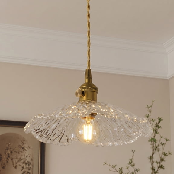 Vintage Adjustable Pendant Light, 9.84" Hanging Ceiling Light with Wavy Clear Flower Glass Shade - for Dining Room, Kitchen Island, Entryway (E26 Base)