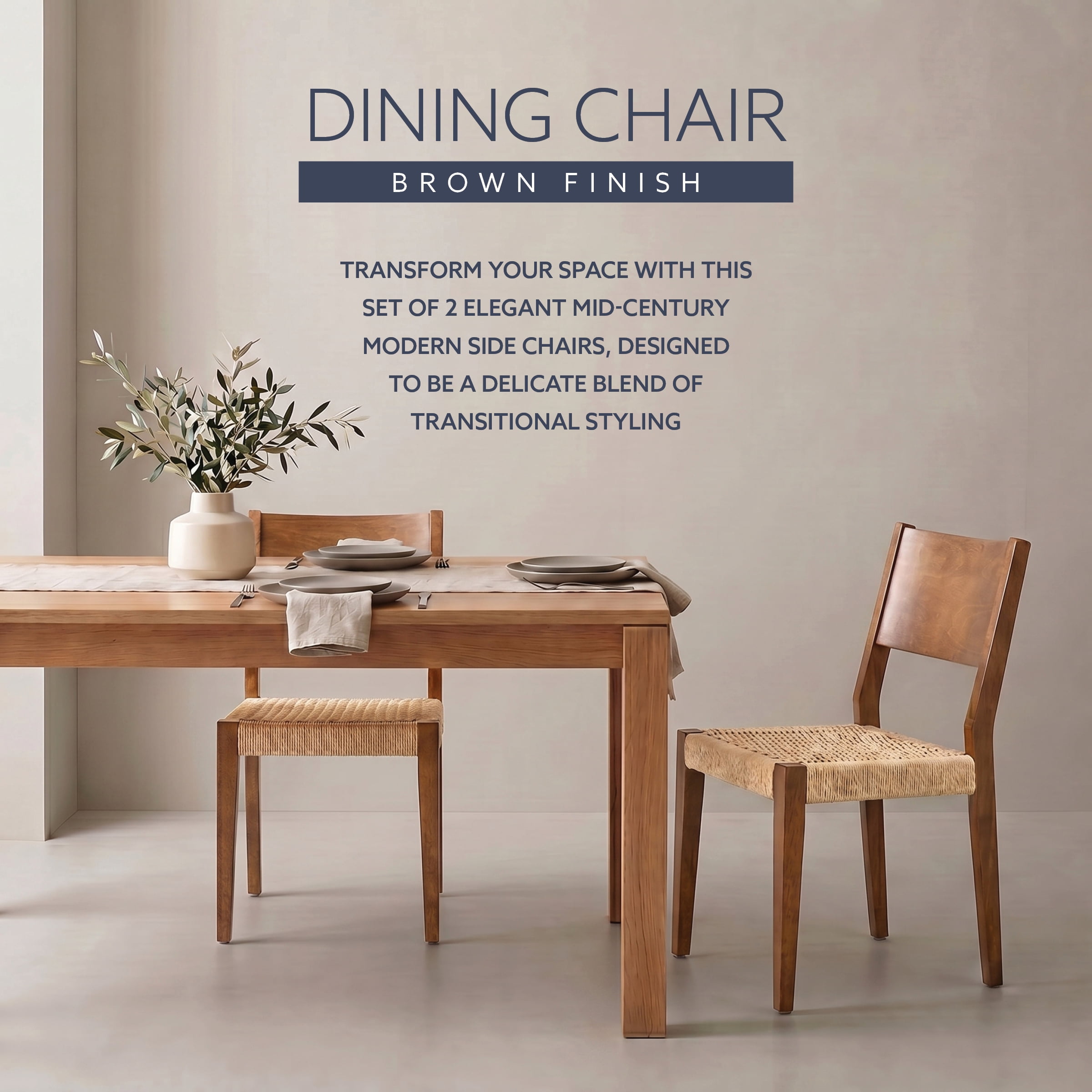 Holden Dining Chair, Set of 2, Brown with Handwoven Rope Seat