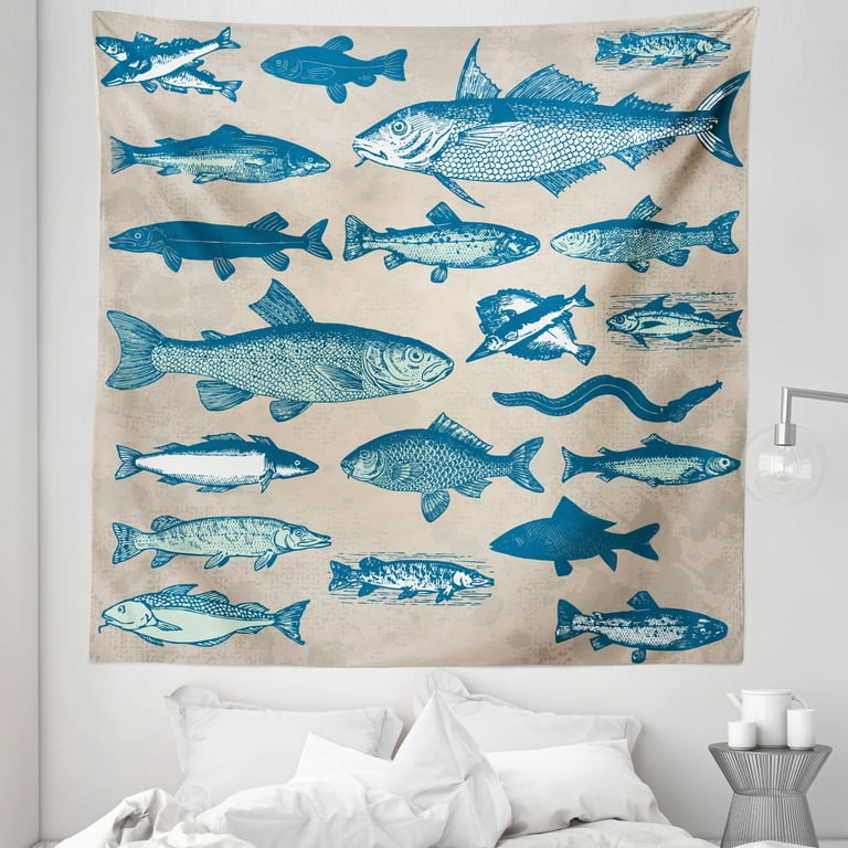 Fish Tapestry, Vintage Style Group of Various Different Fish Animals  Seafood Theme Grunge Effect, Fabric Wall Hanging Decor for Bedroom Living  Room
