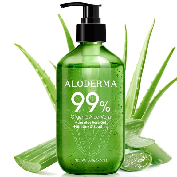 Aloderma 99% Organic Pure Aloe Vera Gel Made within 12 Hours of Harvest, Large 17.6oz Pump Bottle, Lightweight Non-Sticky Aloe Gel for Sunburn Relief, Natural, Soothing Aloe Vera for Face & Hair