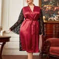 thumbnail image 6 of Womens Soft Pajama Clearance- Bathrobes Sexy Lace Silk Satin Plus Size Robe Sleepwear Wine Size 3XL, 6 of 7
