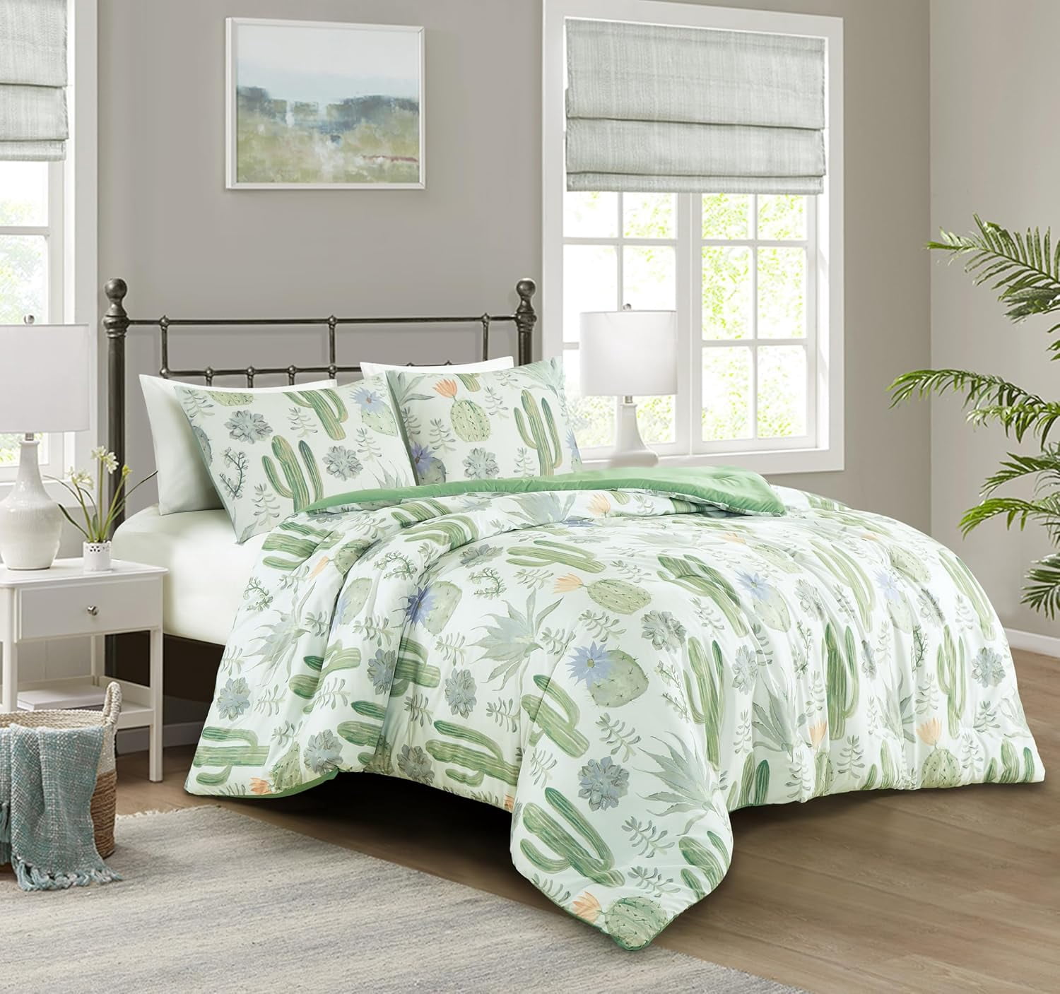 Chezmoi Collection Cereus 3-Piece Southwestern Serene Desert Comforter Set, Green Blue Cactus Succulent Plant Printed Washed Microfiber Bedding, Queen