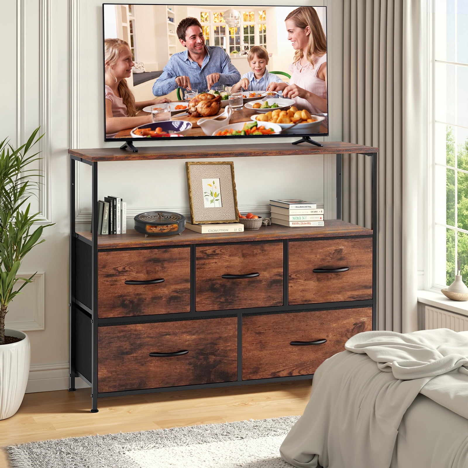 Atilioo 5 Drawer Dresser, Fabric Storage Chest with TV Stand, Open Shelf, Adjustable Feet, Bedroom or Living Room, Brown