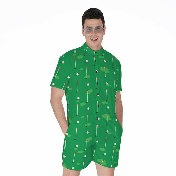 Golf Course Pattern Short Sleeve Men'S Rompers, Golf Player Sports Casual Summer Jumpsuits Outfit