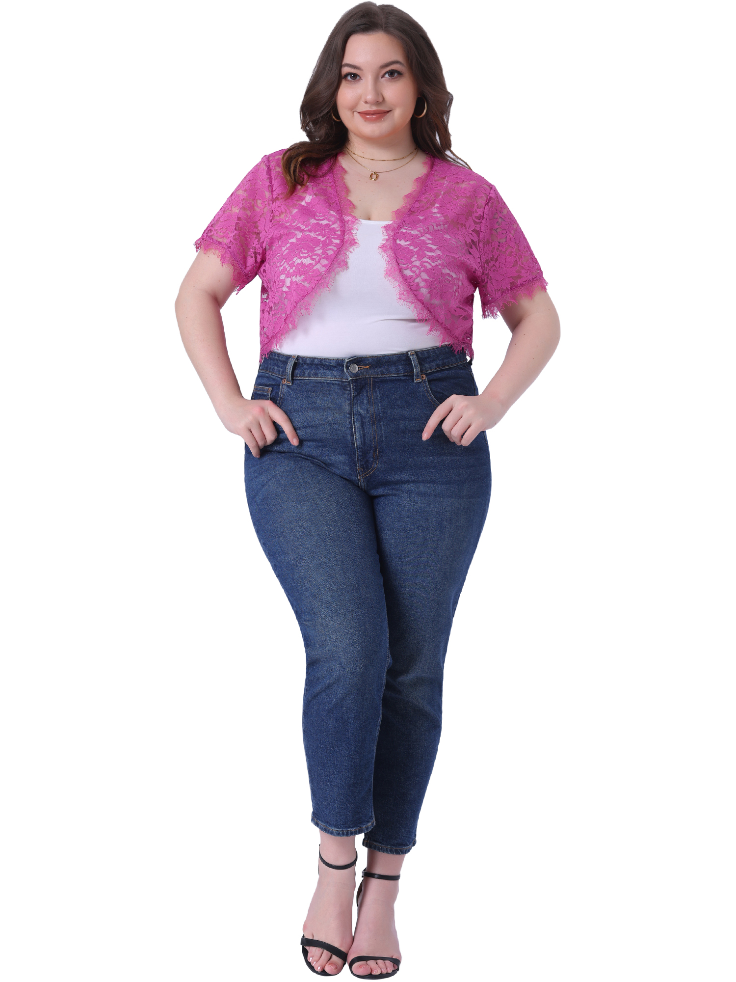 DARING DIVA Plus Size Sheer Shrug Floral Lace Shrugs Tops 1X Hot Pink