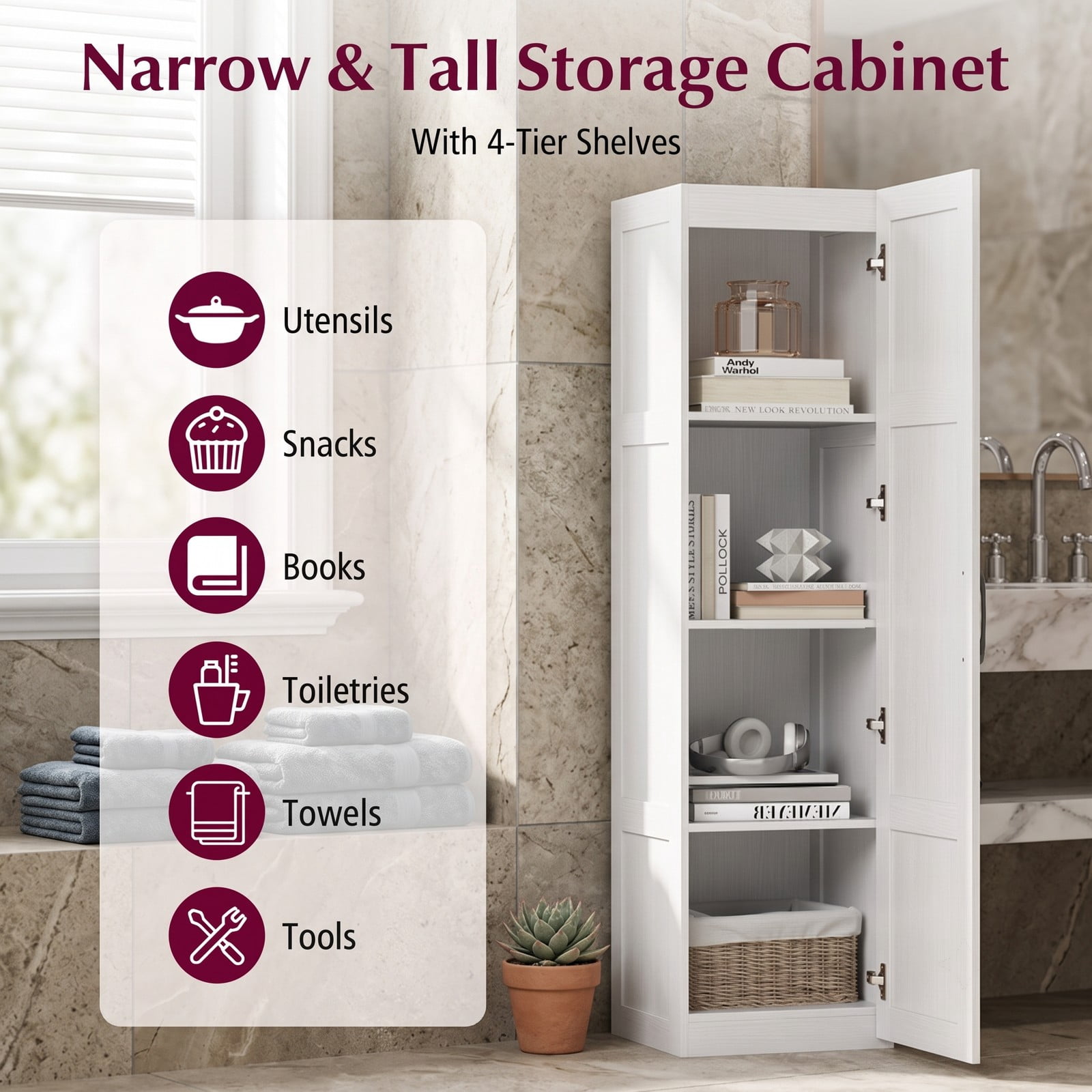 ALPULON Tall Narrow Storage Cabinet with 4 Shelves and Door, Freestanding Slim Bathroom Organizer Cabinet for Living Room Kitchen Utility Room, Engineered Wood, White