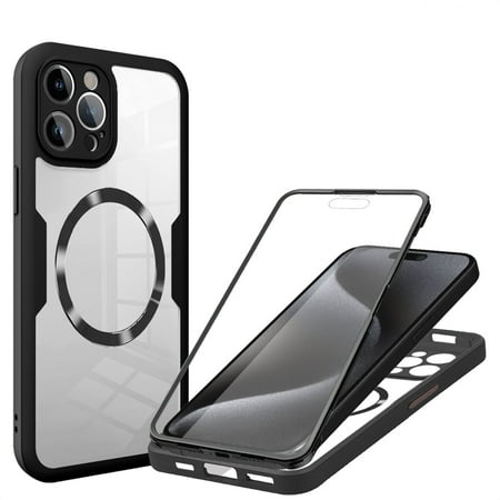 ELEHOLD for iPhone 15 Pro Max Case with Screen Protector, Compatible with Mag safe Accessory, Built in Screen Protector Clear Full Body Protection Slim Shockproof Case for iPhone 15 Pro Max,Black