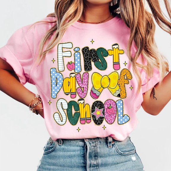 Coquette First Day of School Shirt, Preppy Back to School Shirt, Girly Teacher Shirt Design, Glitter Teacher Pencil Bow Shirt