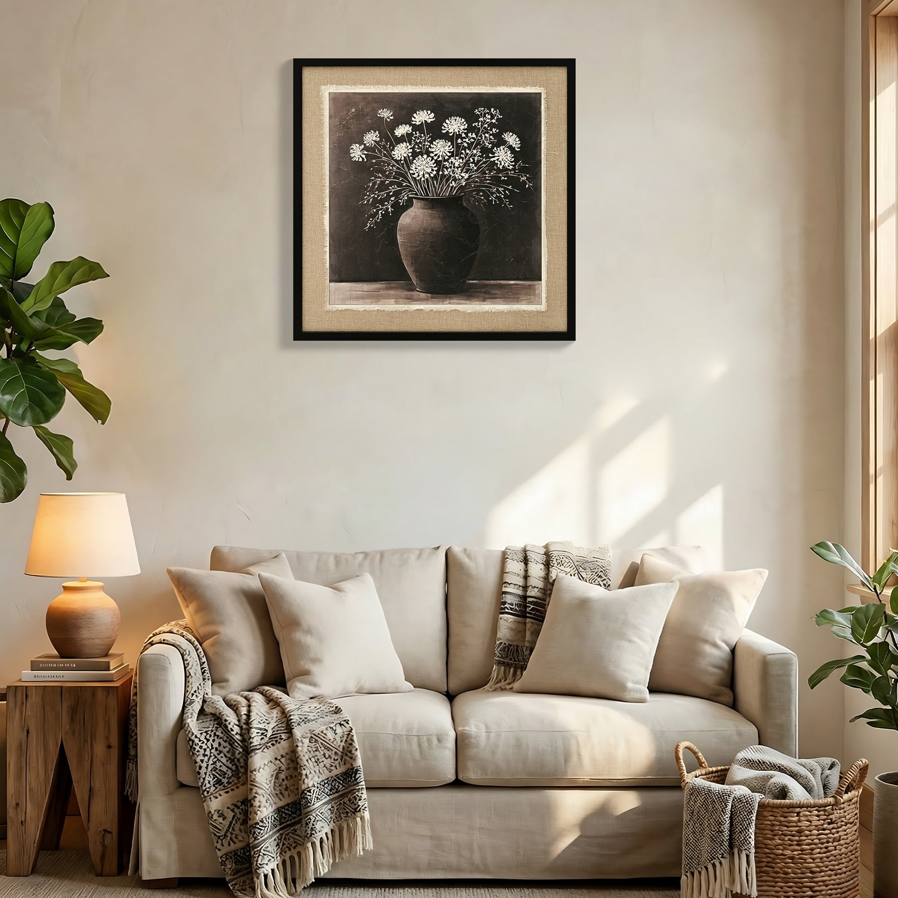 MOONMISS ARTISTIC PATH White Flower Clay Pot Painting Abstract Linen Canvas Wall Art 24x24 Bedroom