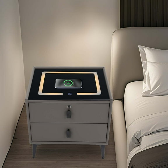 Modern Floor Standing Dark Grey Bluetooth Speaker Smart Bedside Table with Light USB& Wireless Charging