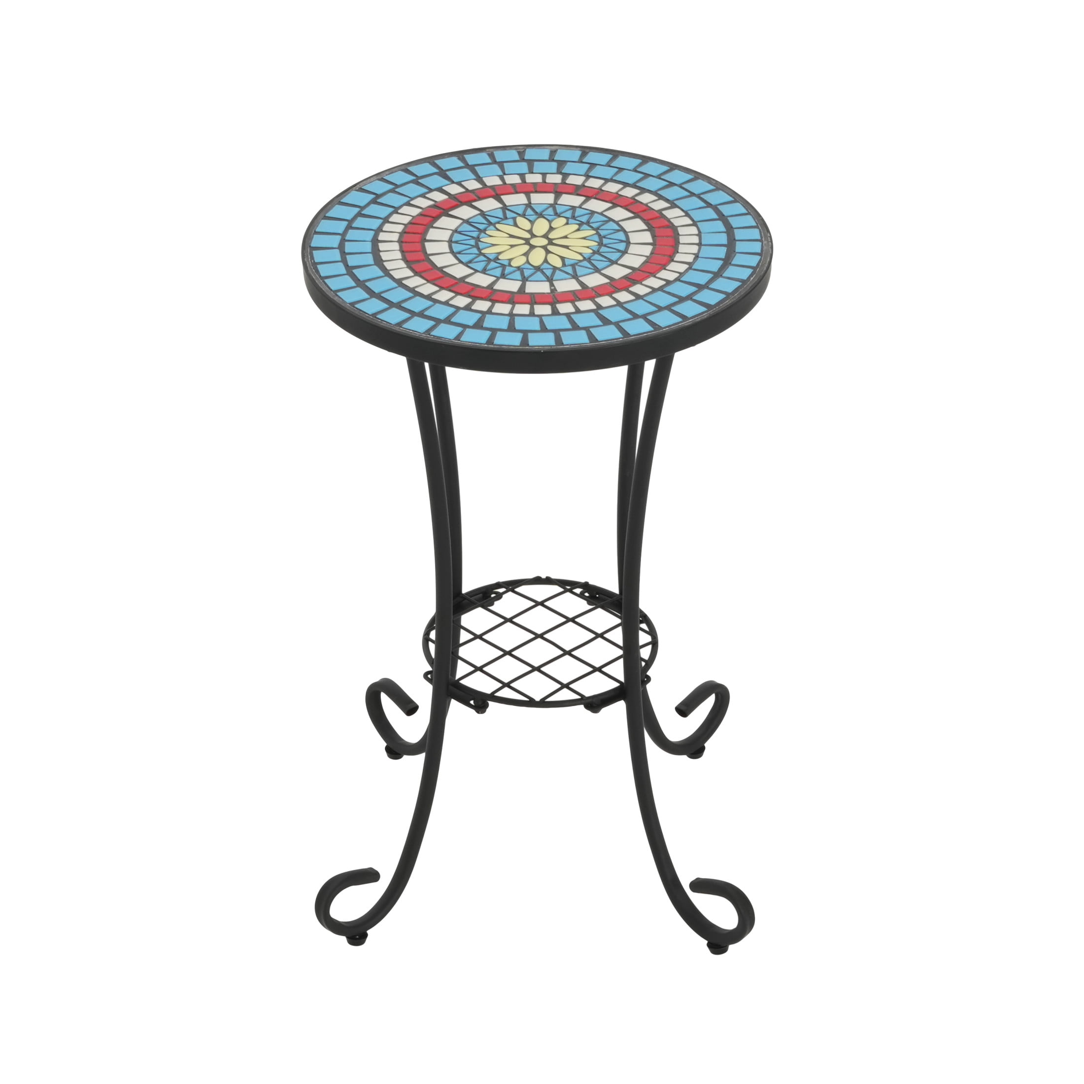 Trulisa Outdoor Patio Round Side Table with Shelf, Ceramic Tile, Iron, Black + Colorful