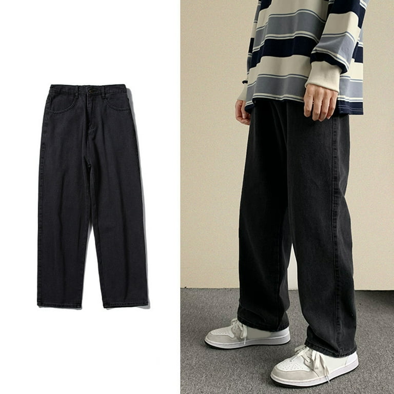 Men Baggy Jeans Solid Color Loose Wide Leg Zipper Fly Streetwear