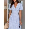 thumbnail image 2 of Blue And White Striped V-Neck Petal Sleeve Midi Dress For Women, 2 of 7