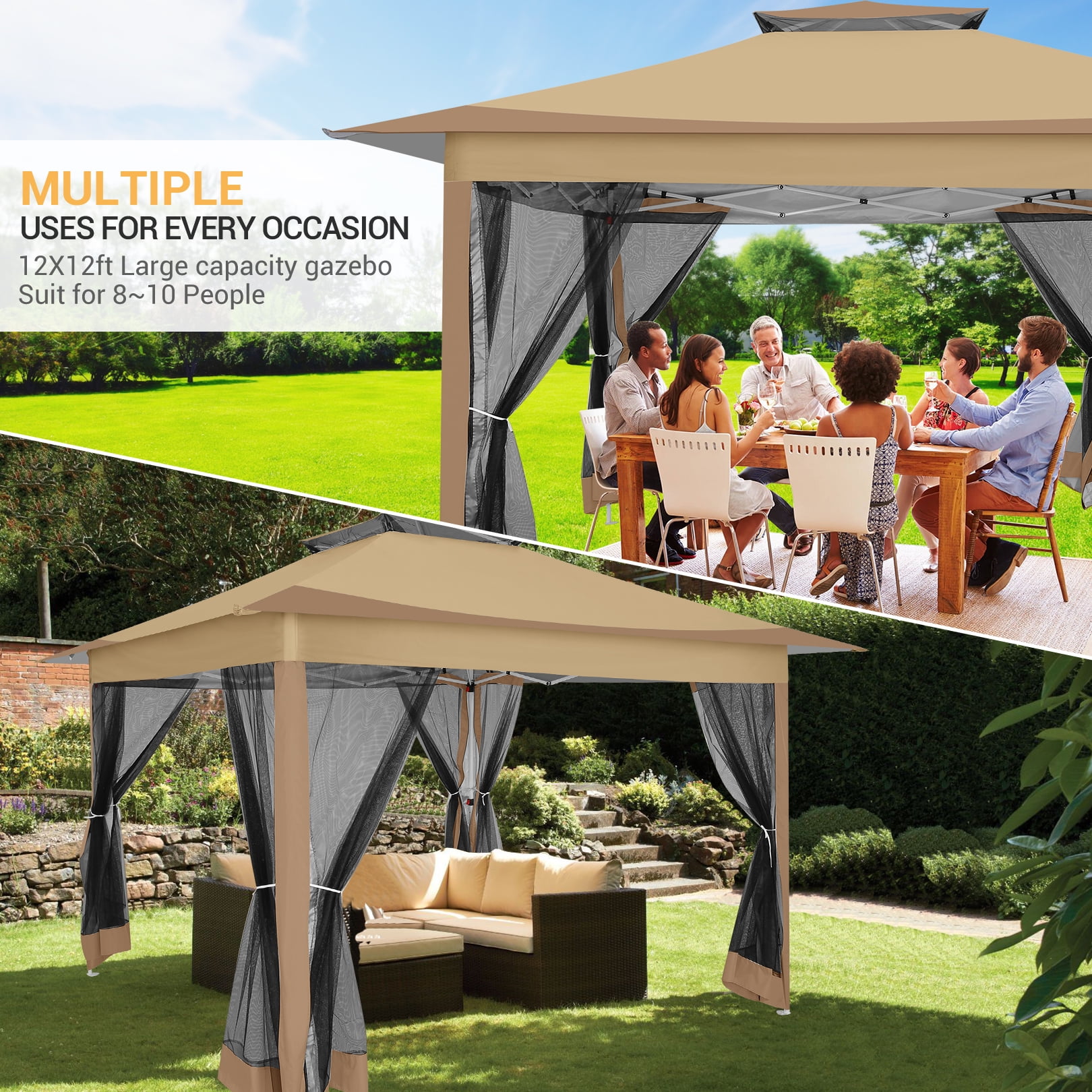 HOTEEL 12' x 12' Outdoor Pop-Up Gazebo Canopy with Mosquito Netting, 2-Tiered Vented Top, 3 Adjustable Heights for Backyard, Garden, Lawn, Brown