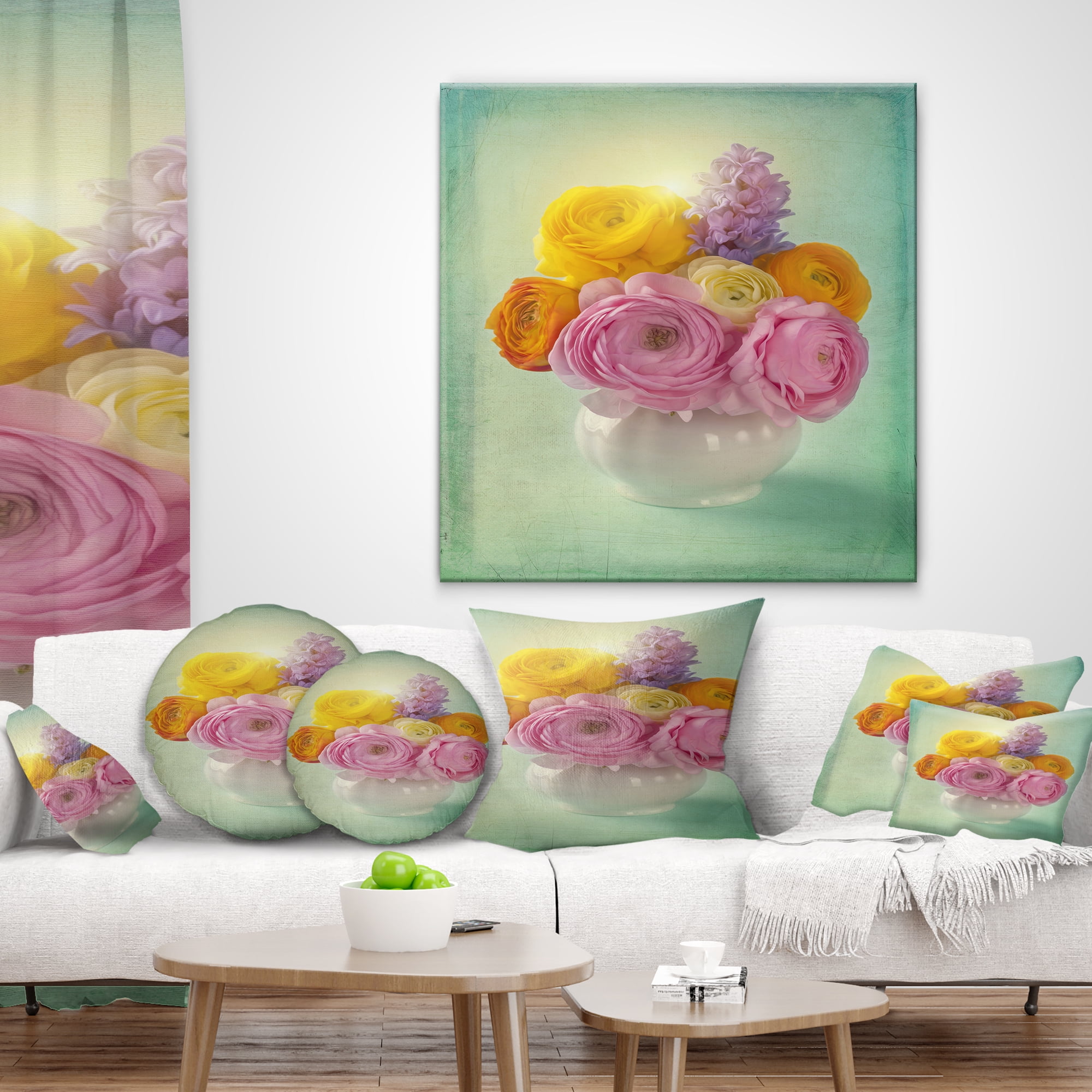 Designart Pink and Yellow Ranunculus Flowers - Floral Throw Pillow - 18x18