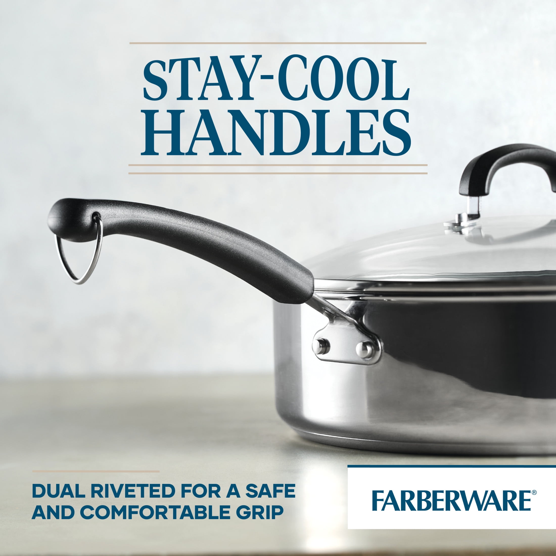 Farberware Brilliance 6 Quart Saute Pan with Lid and Helper Handle, Induction Compatible, Metal Utensil and Dishwasher Safe, Stainless Steel