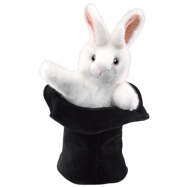 Hand Puppet Folkmanis Rabbit con sombrero negro, blanco y rosa
