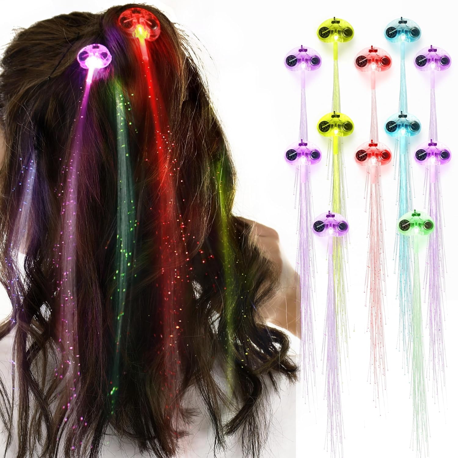 MHAWBL-12Pcs LED Hair Light Up Fiber Optic, LED Hair Extension with Clip, Bar Dancing Hairpin Flashing Braid Glow in the Dark Party Accessories