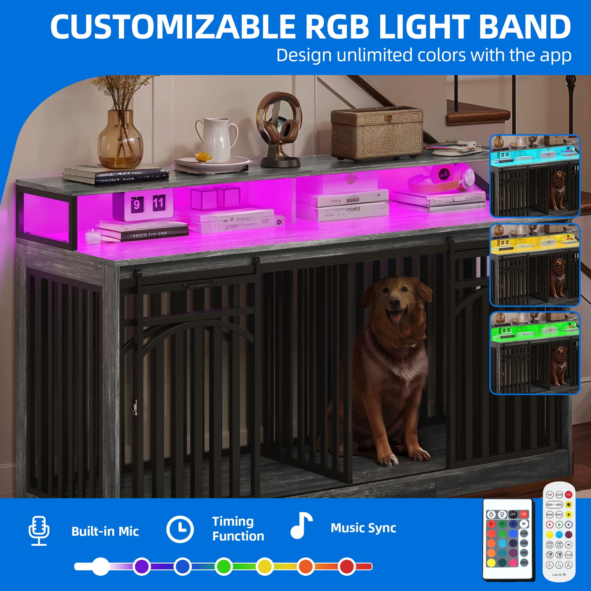 Dextrus 71" Dog Crate, TV Stand with LED Lighting and Power Outlets, Double Door Dog Kennel for Large Dogs, Heavy-Duty Indoor Dog Crate Furniture, Gray Oak