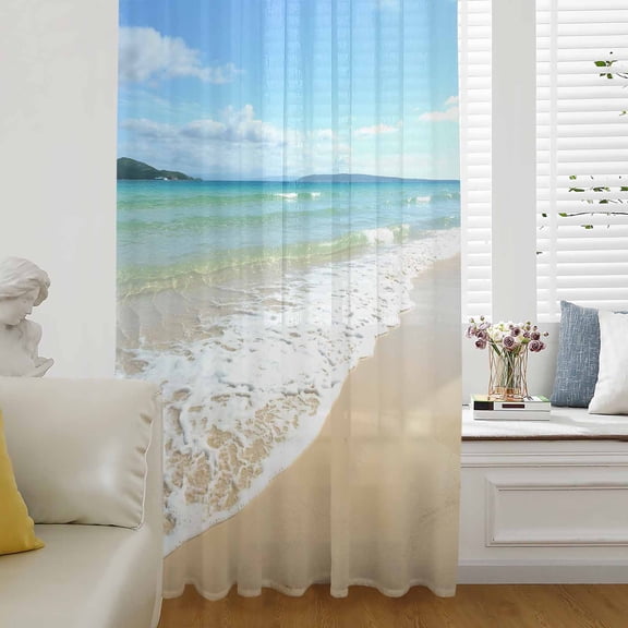 Beach Ocean Semi Sheer Curtains Drapes for Living Room,Bedroom,French Doors Window 108 Inches Long,Nature Sand Sky Cloudy Sea Waves Landscape Rod Pocket Chiffon Curtain Drapery Voile Draperies Panel