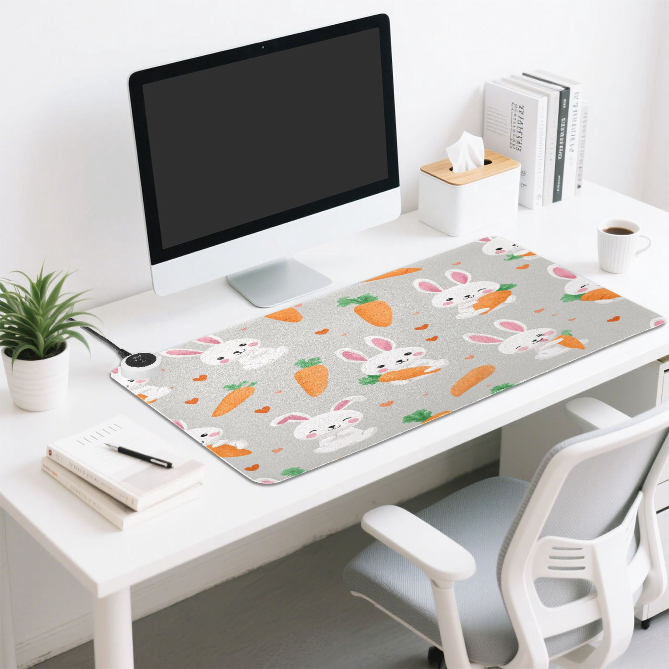 Large Heated Desk Mat Mouse Pad 31.5"x13"PU Leather Graphene Heating Desk Warmer with 3 Temperature Settings 110V US Plug Non-Slip Warm Pad for Home, Office, and Gaming Cute Bunny Carrot Print