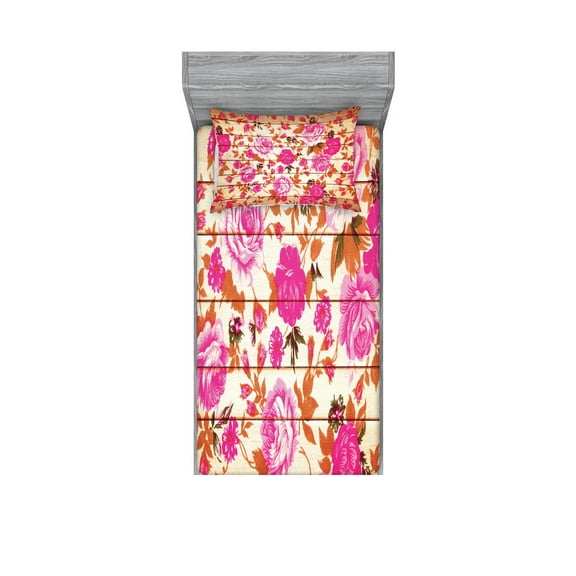 Ambesonne Vintage Fitted Sheet & Pillow Sham Set, Roses on Wood Backdrop, Twinxl, Pink Orange