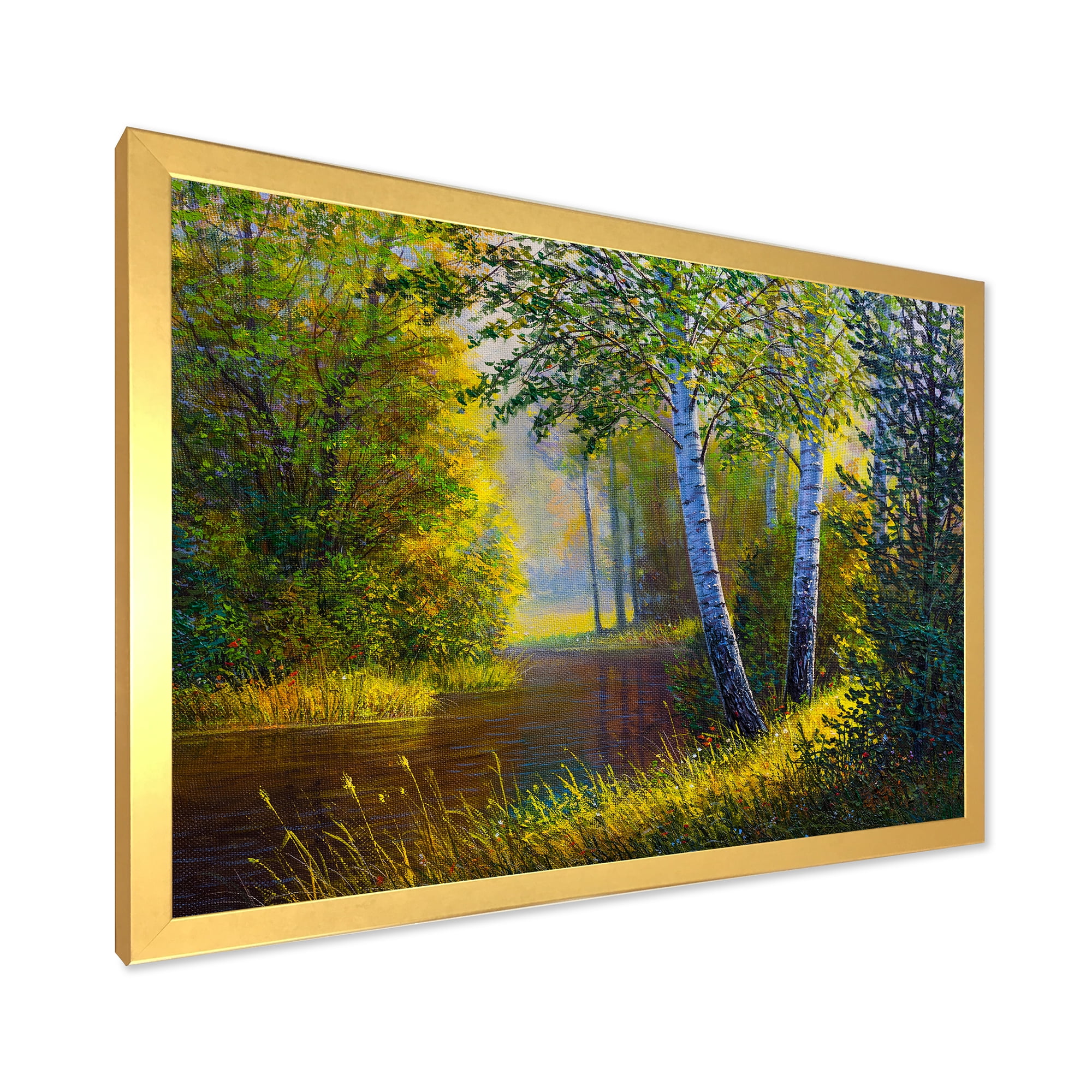 Designart 'Sunrise Glow Through The Birches II' Lake House Framed Art Print