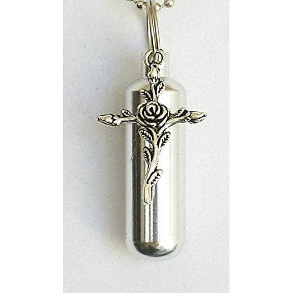 Silver Personal CREMATION URN Keepsake with ROSE CROSS - Includes Velvet Pouch & Fill Kit