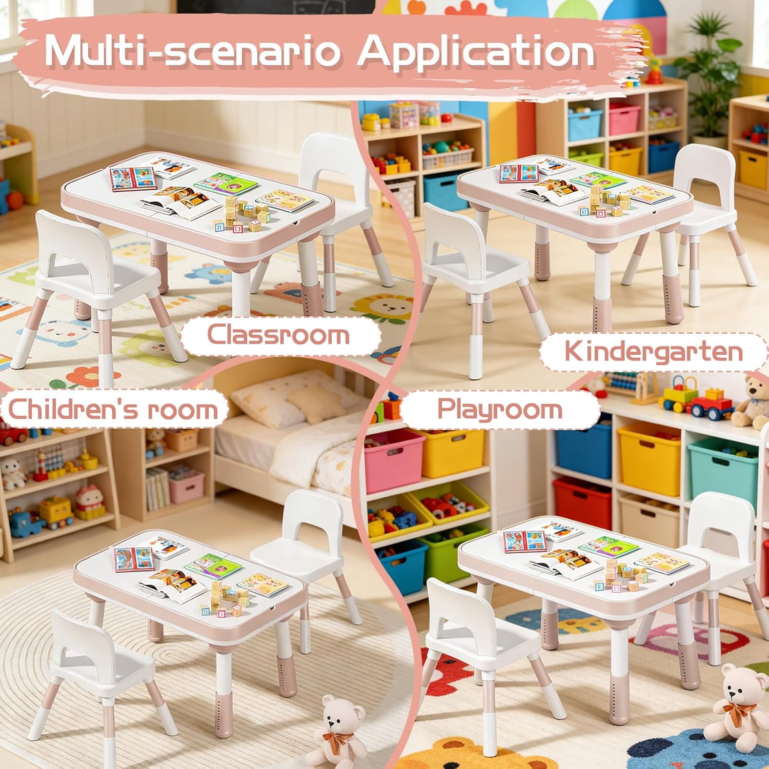 NEORIVER Kids Table and Chair Set with Storage – 5-in-1 Height Adjustable Toddler Activity Table & 2 Chairs for Building Blocks, Drawing, Reading, Dining, Sand & Water Play