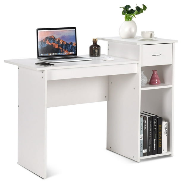 Costway Computer Desk Pc Laptop Table W Drawer And Shelf Home Office Furniture White Walmart Com Walmart Com