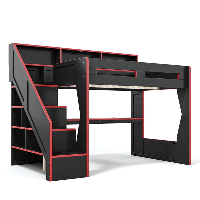 Full Size Teens Gaming Bed Frame with Storage Stair & Open Headboard Shelves, Wood Loft Bed with LED Light & Power Outlet Desk