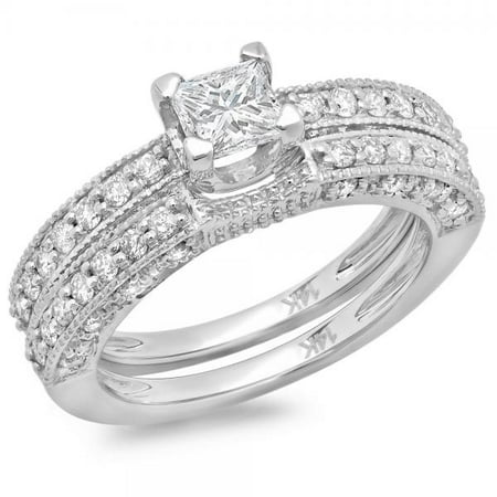 Dazzlingrock Collection 1.50 Carat (ctw) 14K Princess & Round Diamond Ladies Solitaire With Accents Bridal Engagement Ring With Matching Band Set 1 1/2 CT, White Gold, Size 8.5