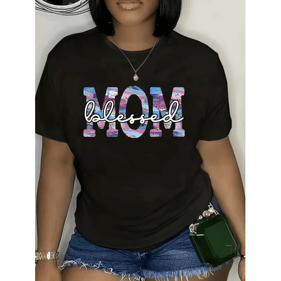 BESTLUCKY Elegant plus size women's T-shirt in geometric MOM print - short sleeves, crew neck - perfect for spring/summer