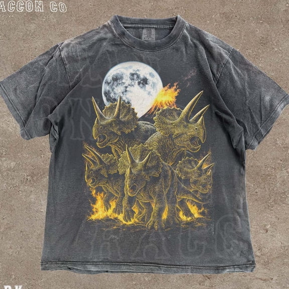 NODB Retro 90S Dinosaur T-Shirt, Vintage Triceratops Graphic Tee, Moonlight Shirt For Men Women, Prehistoric Grunge Top DARK HEATHER Unisex S-5XL Hot Trending Shirt, Vintage Birthday Gift