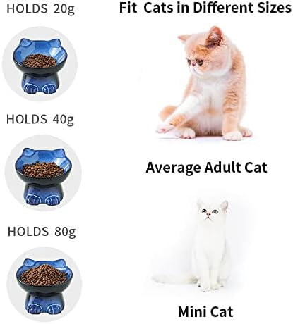 Elevated Cat/Dog Bowls Set : 5 Inch Ceramic Raised Cat Food and Water Bowl Set for Protecting Pet's Spine - Feeding & Watering Supplies for Pets- Elegant Blue & Black (2PC)