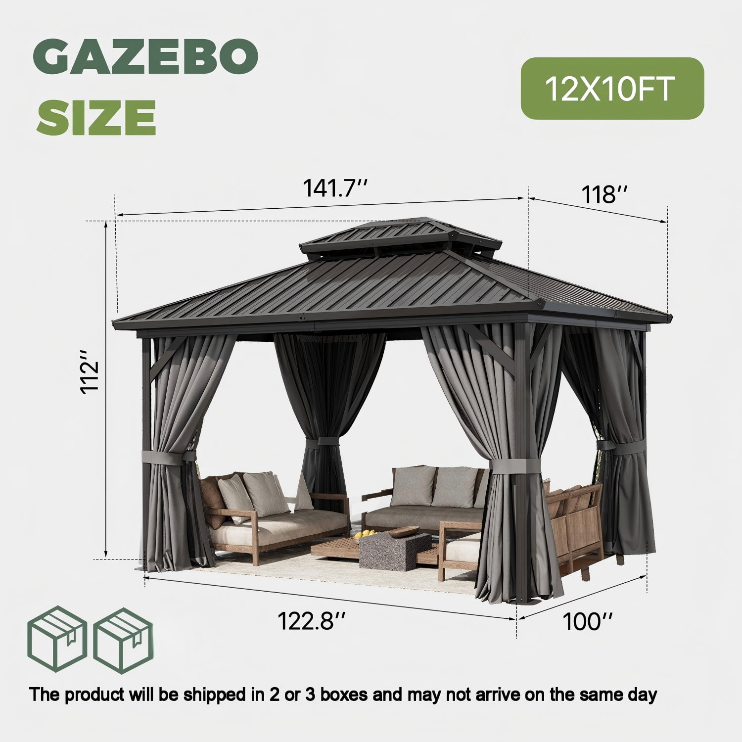 BaPiPro 10'x12' Hardtop Gazebo, Outdoor Steel Double Roof Metal Gazebo with Curtains and Nettings, Aluminum Frame Permanent Pavilion for Patio Garden Backyard, Gray