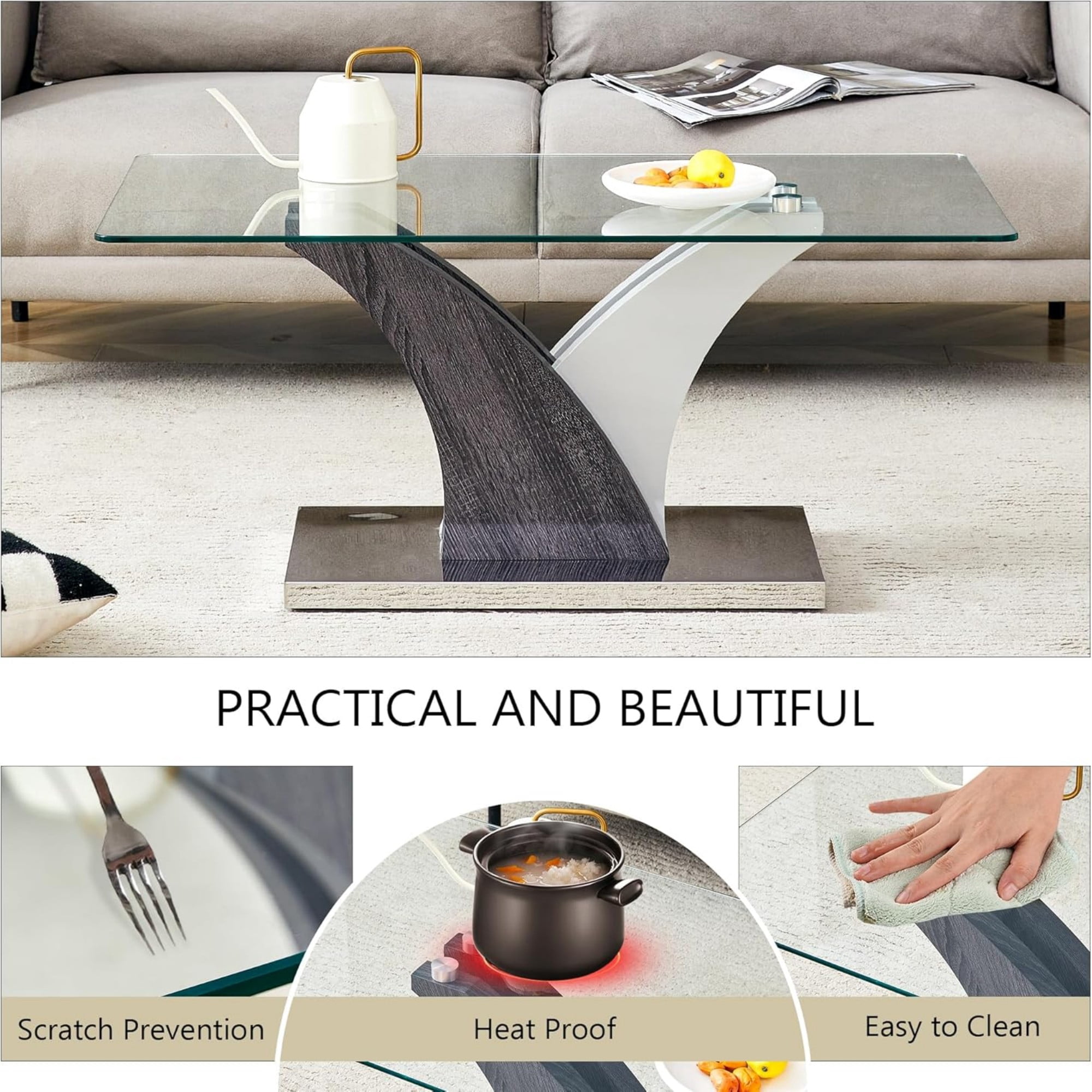 SUDICA 39" Tempered Glass Coffee Table, Modern Center Table with Wood Grain Metal Base