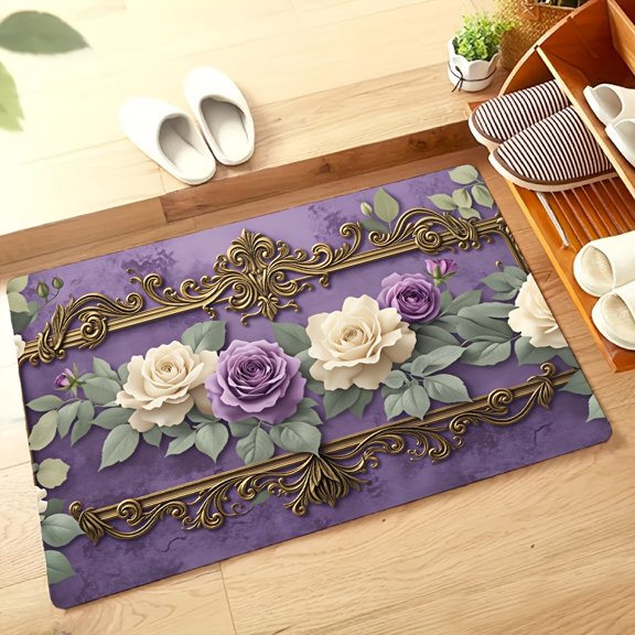 Purple Rose Floral Frame Print Flannel Doormat, Non Slip Washable Soft Rug for Entryway Bedroom Kitchen Living Room Decor