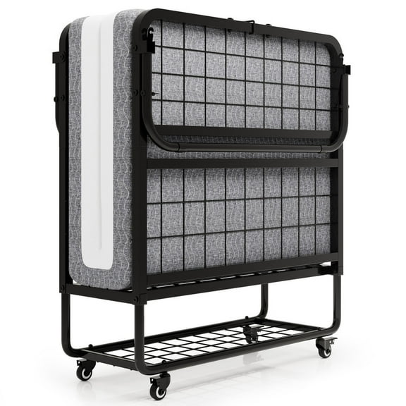 Feonase Folding Bed with Mattress, Roll Away Beds for Adults, Portable Foldable Bed, 76" x 38" Fold up Bed with Metal Frame on Wheels, Space Saving