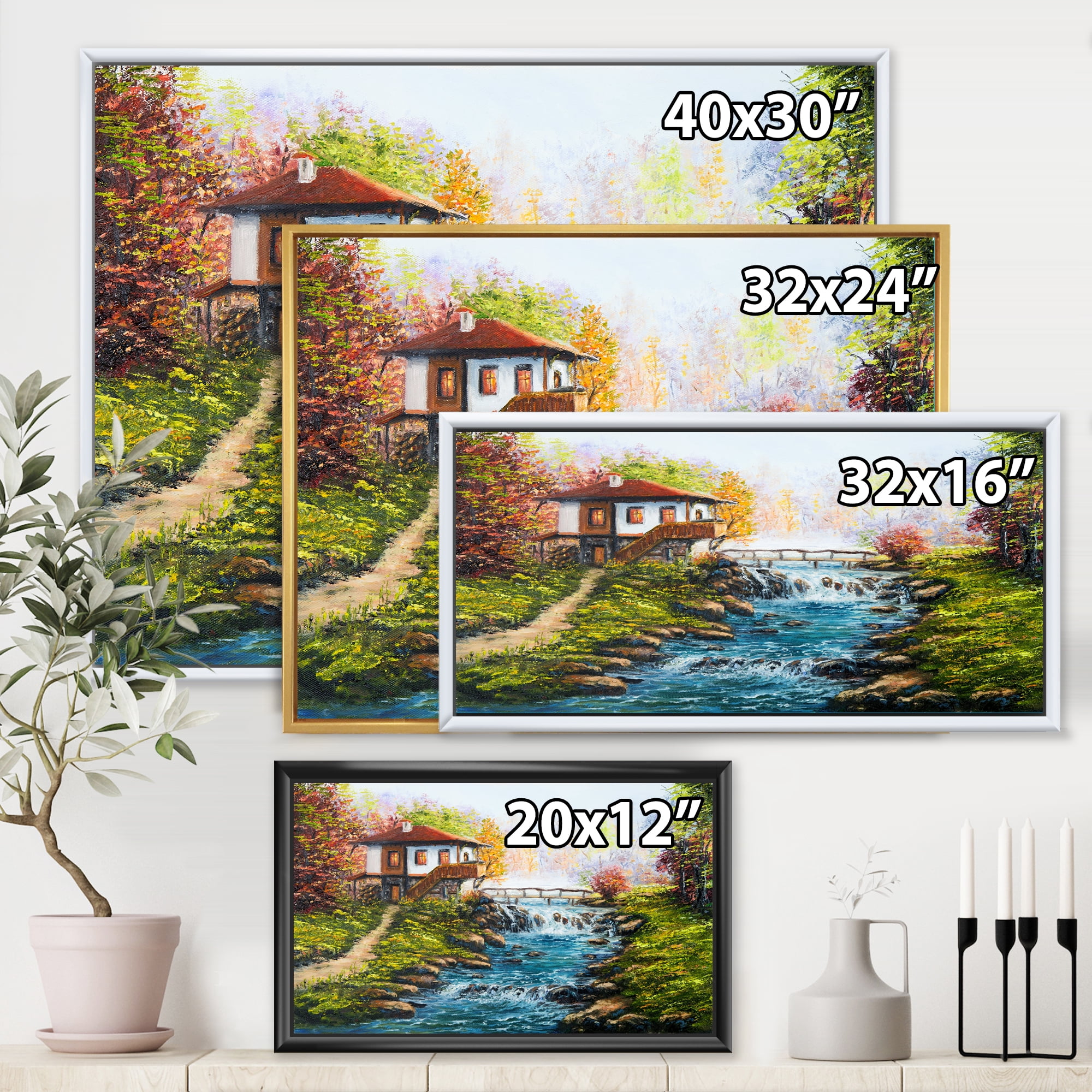 Traditional Bulgarian River and House 32 in x 16 in Framed Painting Canvas Art Print, by Designart