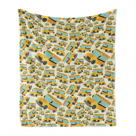 School Bus Soft Flannel Fleece Throw Blanket, Vehicle Illustrations Background Pattern Repetitive Doodle for Little Ones, Cozy Plush for Indoor and Outdoor Use, 70" x 90", Multicolor, by Ambesonne