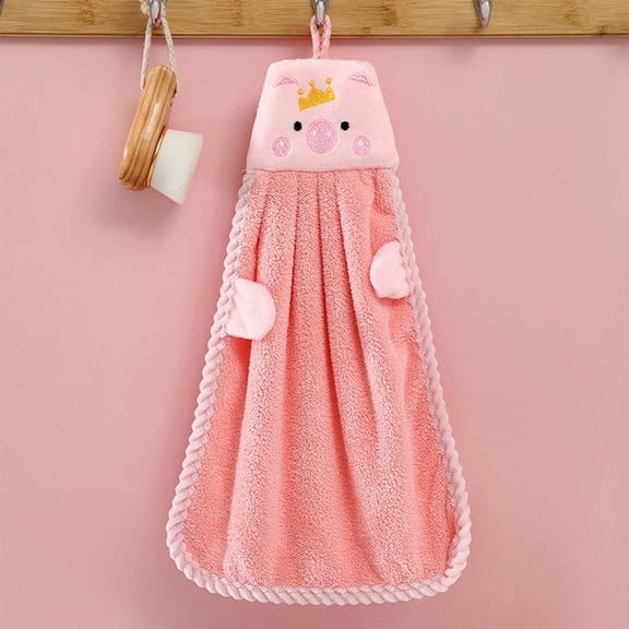 Ki-ds Hanging Hand Towel - Coral Fleece Soft Absorbent, Cute 3D Piglet Design, Pink, for Bathroom & Kitchen, Quick Drying